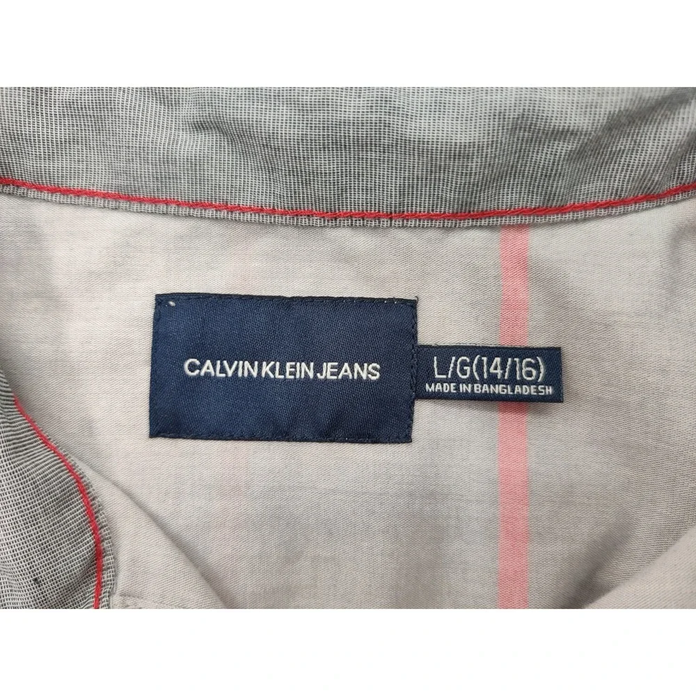 Calvin Klein Jeans Boys‎ Large 14/16 Grey Pink Striped Short Sleeve Button Down